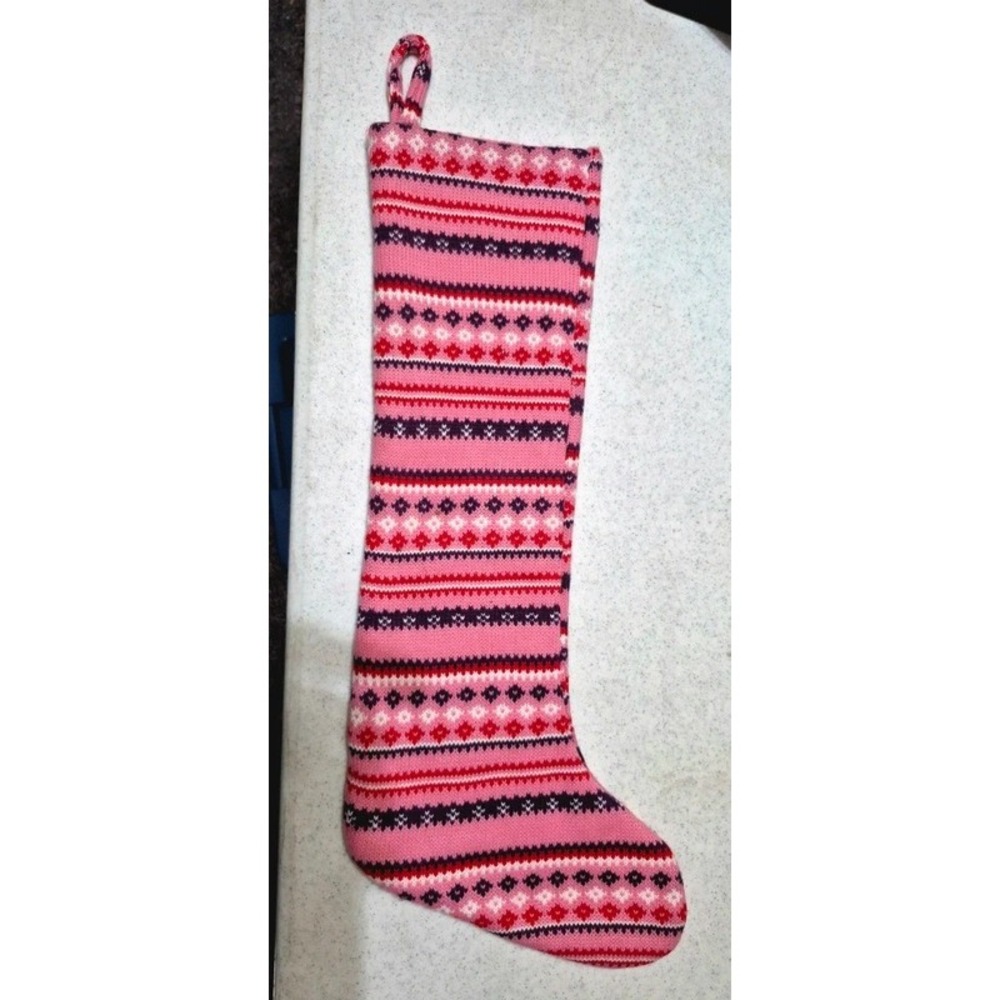 Christmas Stocking Pink Knit Multicolor Fair Isle Holiday Decor 18 inch